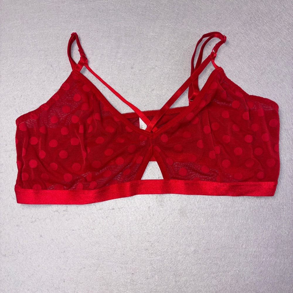 Lovesick Bralette Womens S Red Polka Dot Sheer Mesh Strappy Keyhole‎ Lingerie